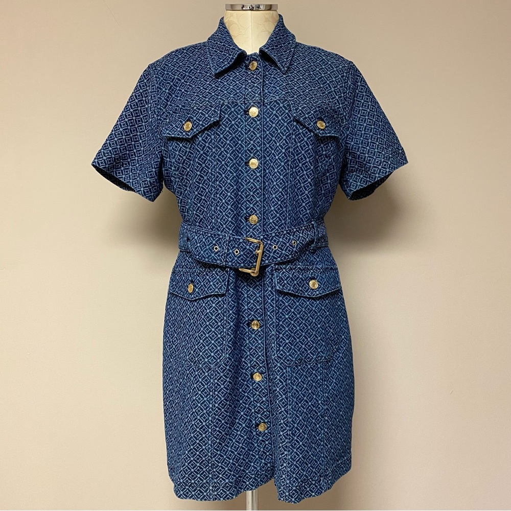 Michael Kors Blue Patterned Short-Sleeve Mini Shirt Dress